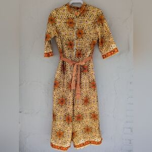 Vtg 70s Women's Quilted Gold Paisley Quilted Jumpsuit Lounge Wear Wide Leg S/M